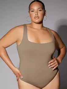 Silquee 1pc Square Neck Solid Bodysuit - Khaki - View 7