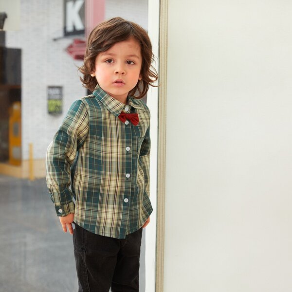 

Toddler Boys Button Front Bow Neck Tartan Shirt, Multicolor