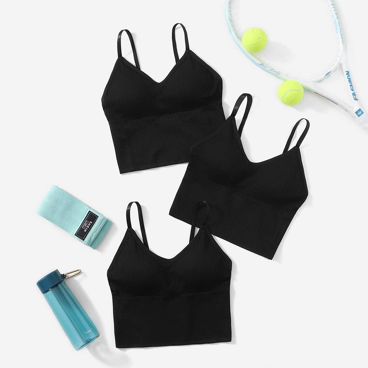 

3pcs High Support Seamless Sports Bra, Black