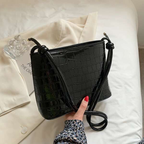 

Minimalist Croc Embossed Square Bag, Black