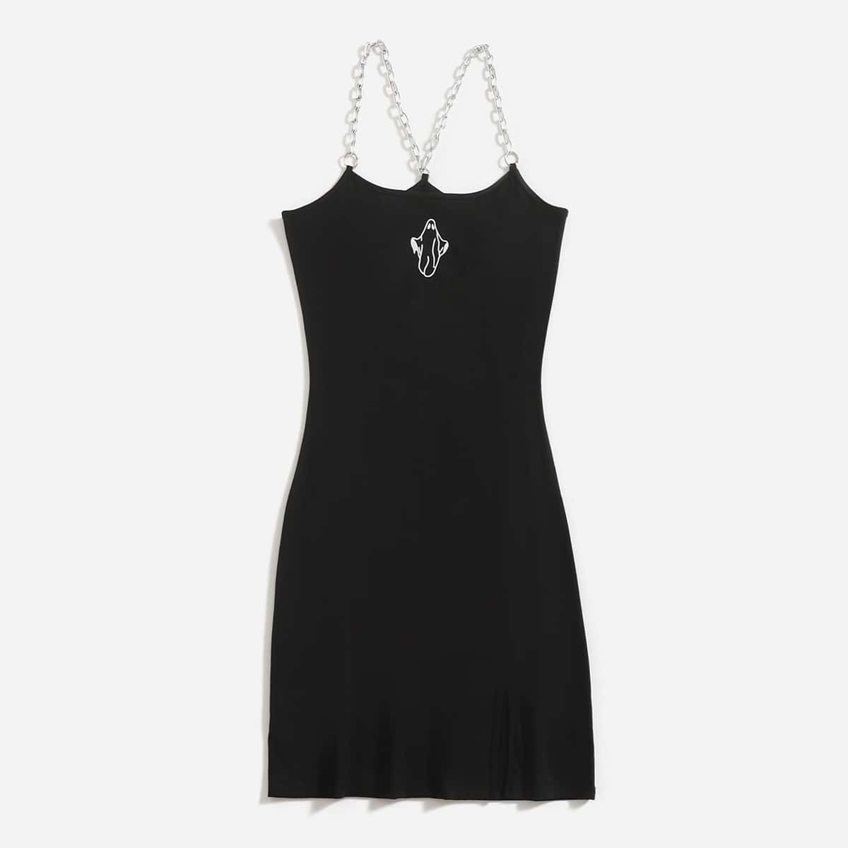 

Chain Strap Ghost Print Bodycon Cami Dress, Black