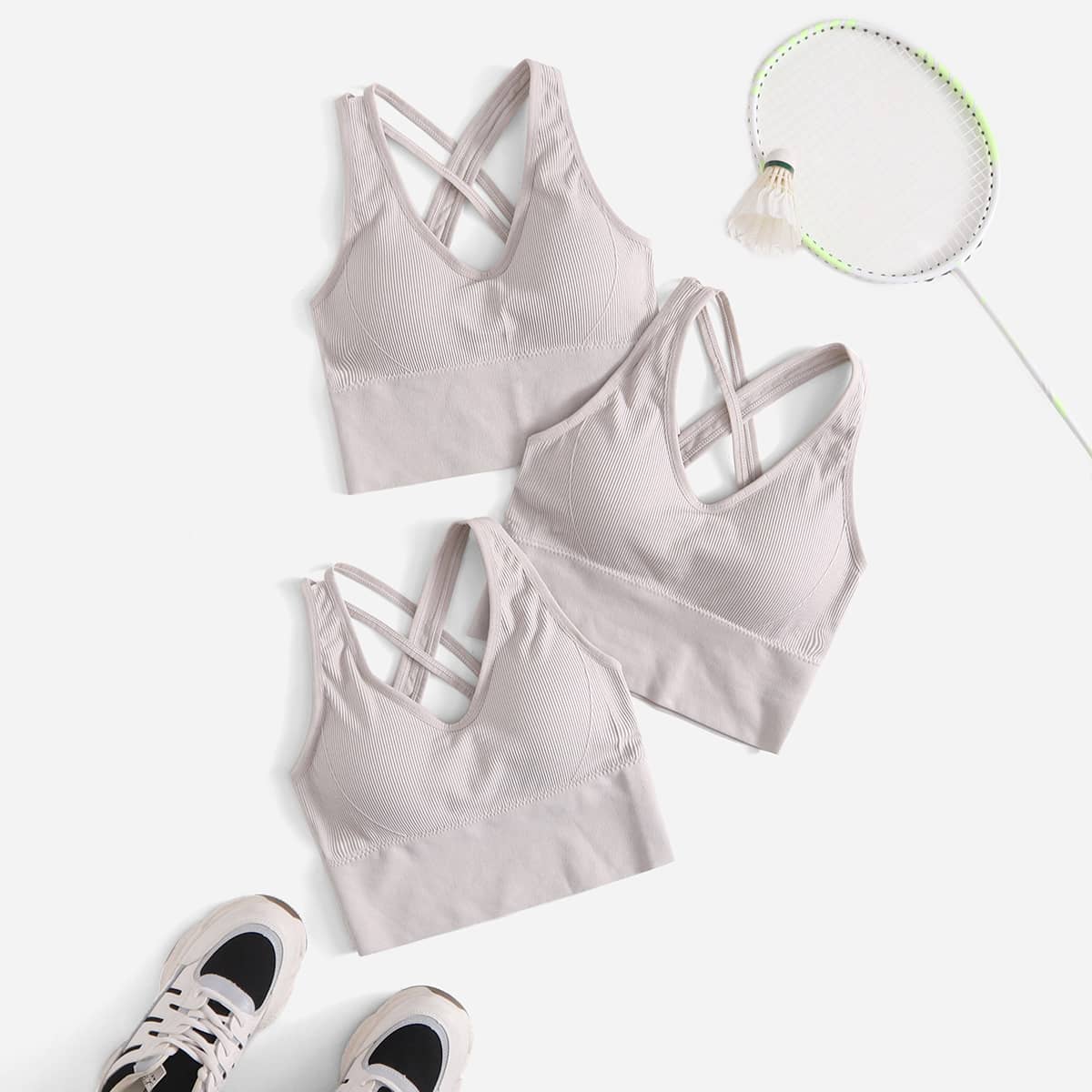 

3pcs High Support Seamless Sports Bra, Light grey