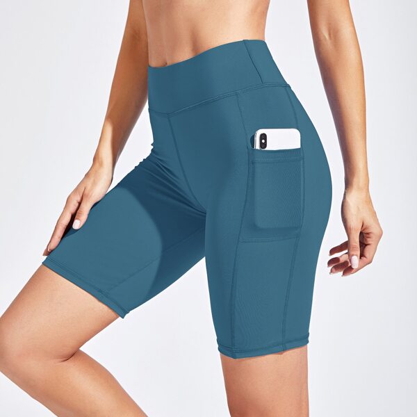 

Solid Biker Shorts With Phone Pocket, Blue