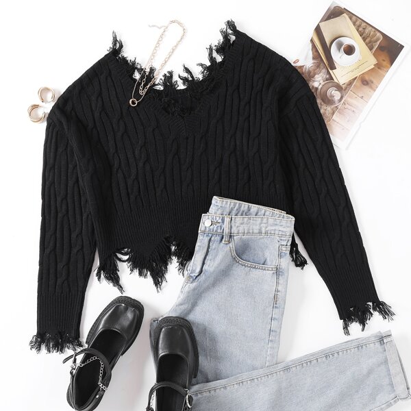 

Cable Knit Frayed Trim Irregular Hem Sweater, Black