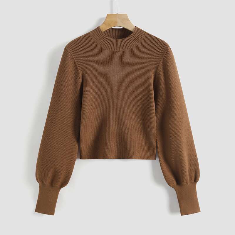 

Ribbed Knit Lantern Sleeve Sweater, Brown