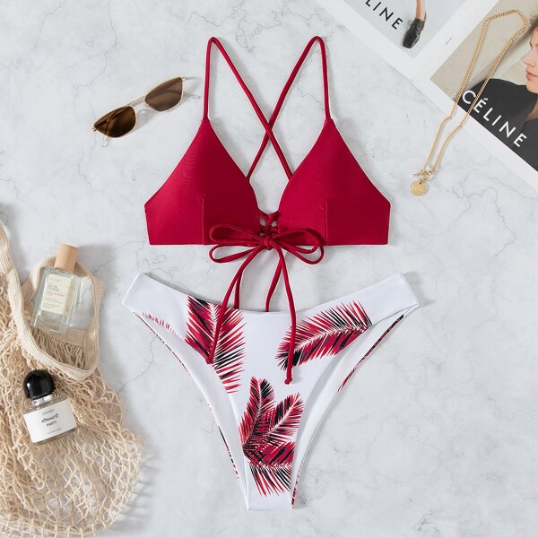 

Palm Leaf Print Lace-up Bikini Swimsuit, Multicolor