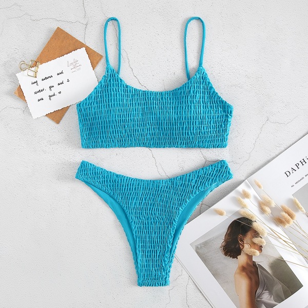 

Solid Smocked Bikini Swimsuit, Blue