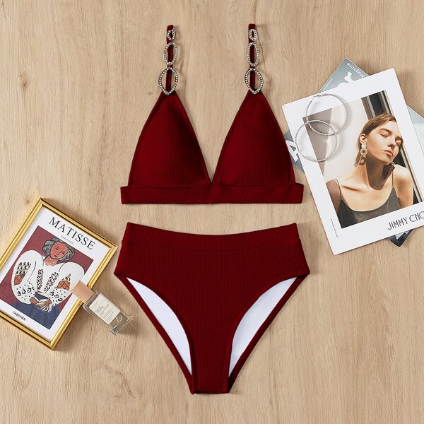 

Solid Ring Linked High Waisted Bikini Swimsuit, Maroon