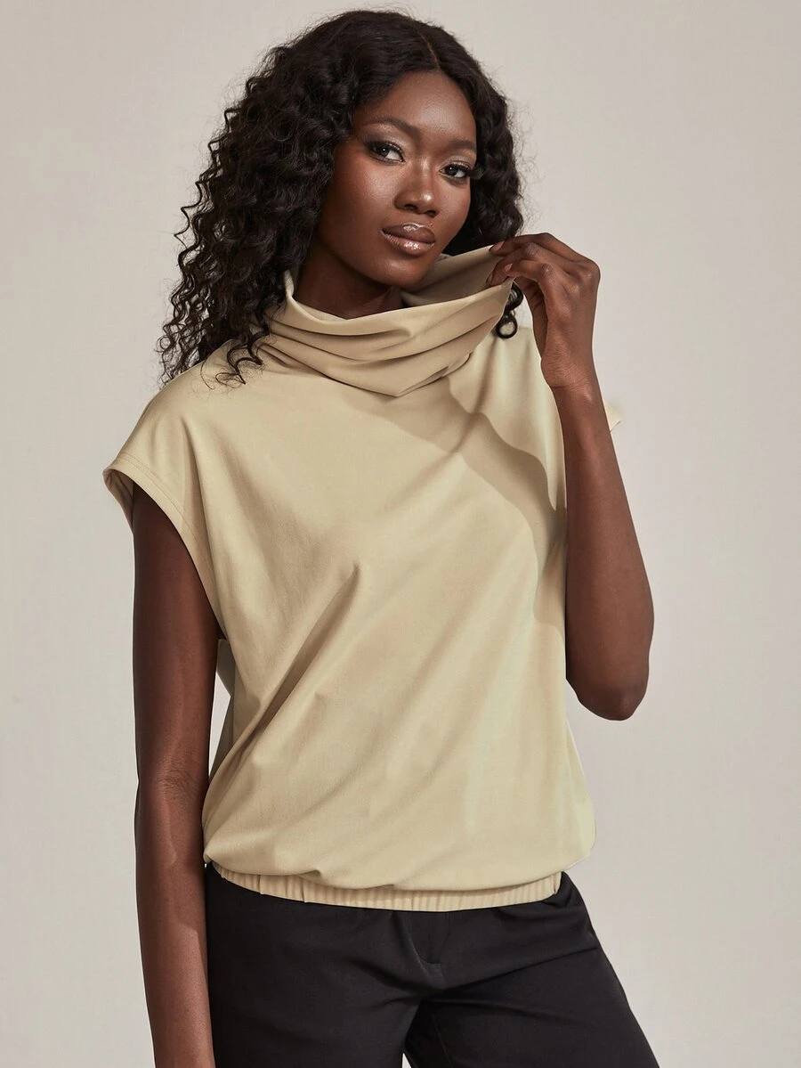 SHEIN Unity 堆堆領鬆緊邊T恤 - 卡其色 - 查看 1
