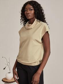 SHEIN Unity 堆堆領鬆緊邊T恤 - 卡其色 - 查看 3