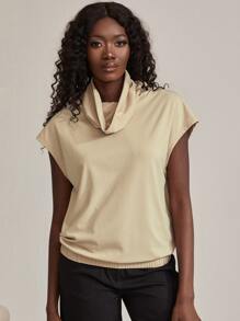 SHEIN Unity 堆堆領鬆緊邊T恤 - 卡其色 - 查看 4