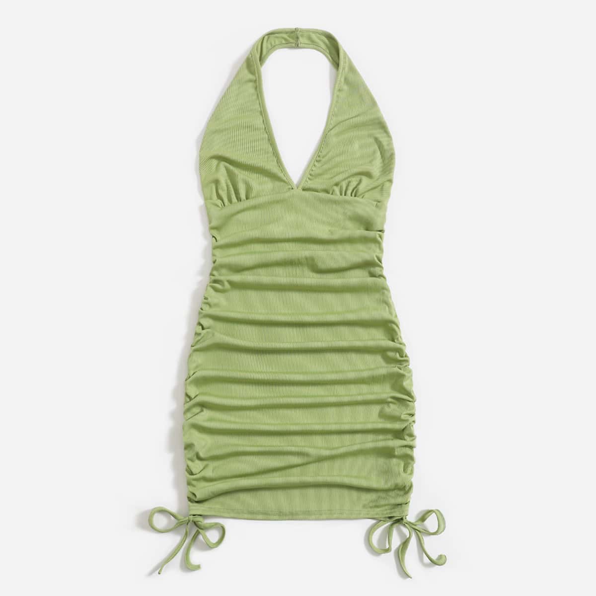 

Solid Drawstring Side Halter Dress, Lime green