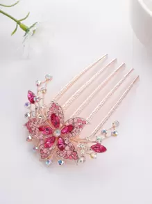 水鑽花朵裝飾髮夾 - 玫紅色 - 查看 1