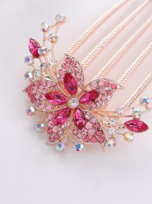 水鑽花朵裝飾髮夾 - 玫紅色 - 查看 2