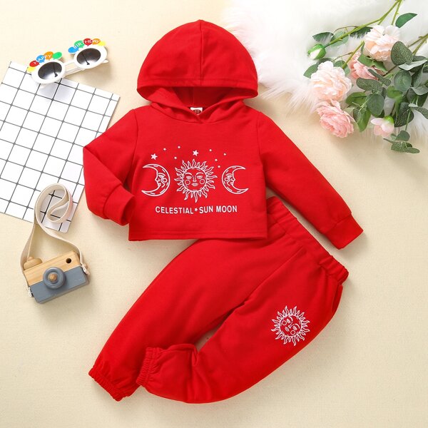 

Baby Sun & Moon Print Hoodie With Sweatpants, Red