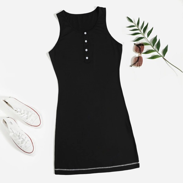 

Plus Button Front Topstitching Hem Night Dress, Black