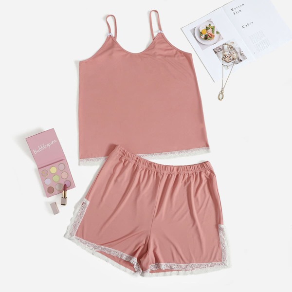 

Plus Contrast Lace Cami Pajama Set, Dusty pink