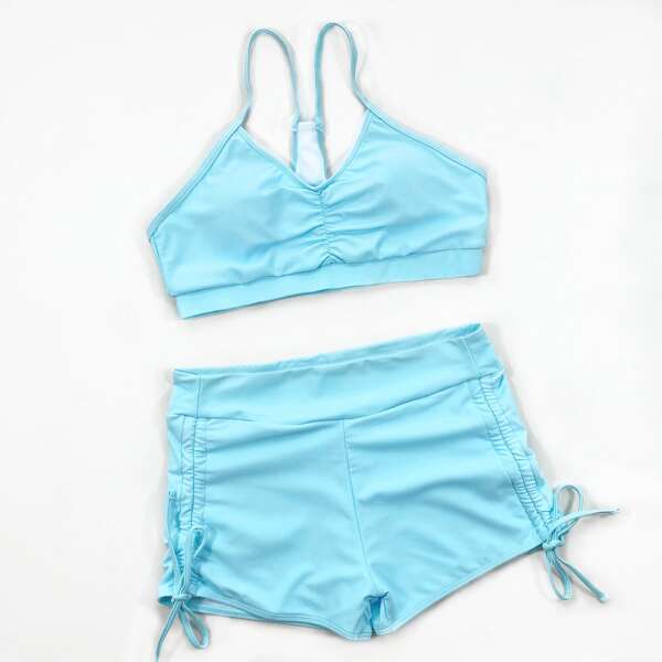 

Solid Drawstring Side Bikini Swimsuit, Baby blue