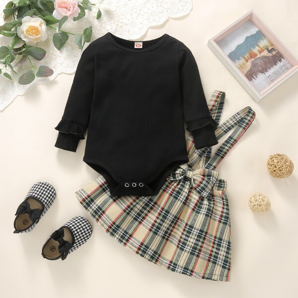 

Baby Girl Rib-knit Bodysuit & Plaid Bow Pinafore Skirt, Multicolor