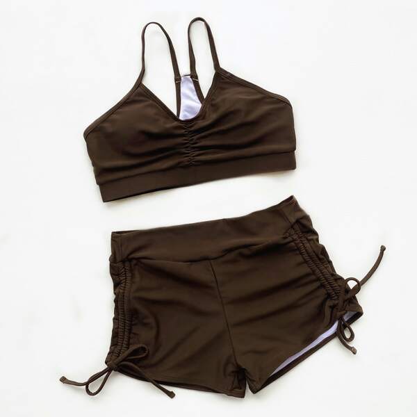

Solid Drawstring Side Bikini Swimsuit, Chocolate brown
