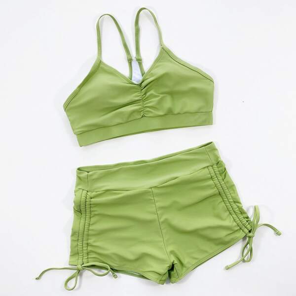 

Solid Drawstring Side Bikini Swimsuit, Olive green