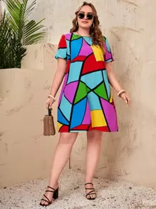 SHEIN LUNE Plus Geo Print Tunic Dress For Summer - Multicolor - View 4