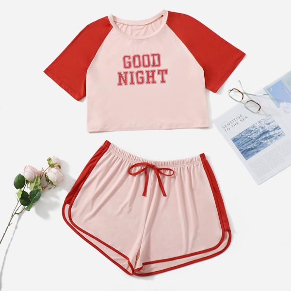 

Plus Color Block & Letter Graphic Pajama Set, Pink