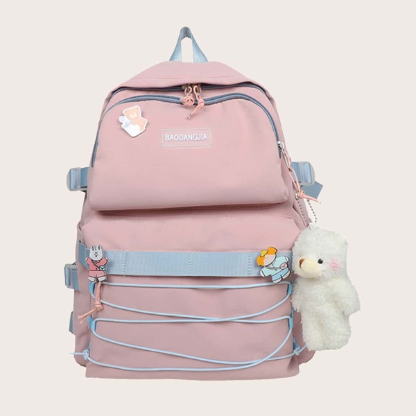 

Girls Two Tone Cartoon Decor Strappy Detail Backpack, Pink