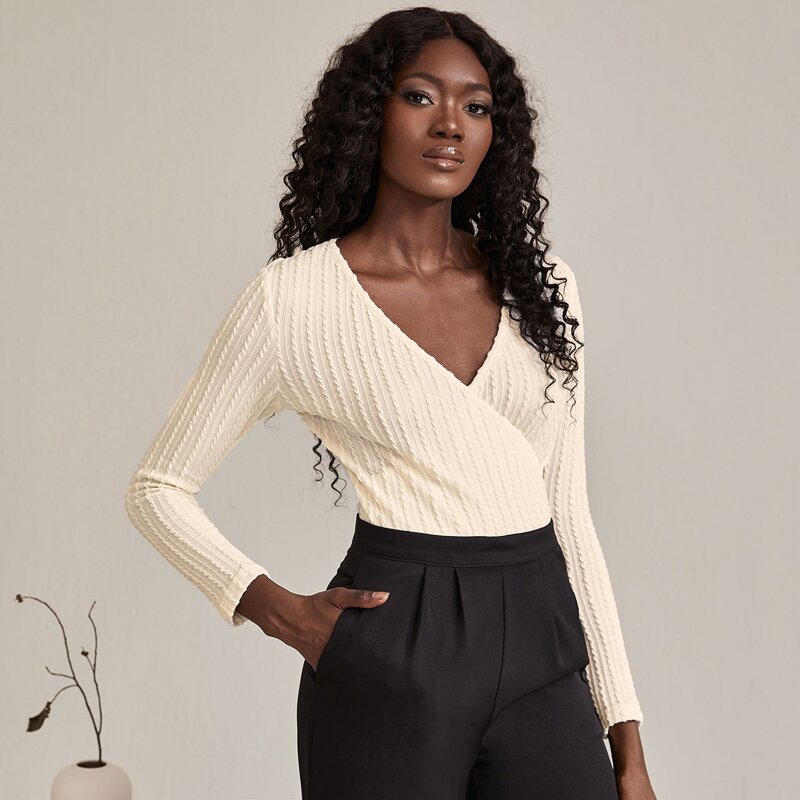

Surplice Neck Cable Knit Tee, Beige