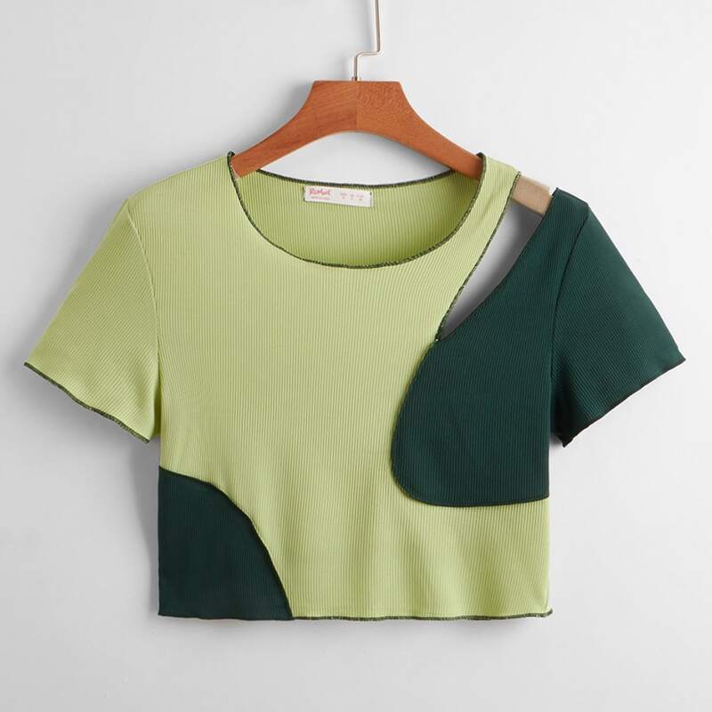 

Colorblock Cut Out Ribbed Crop Tee, Green