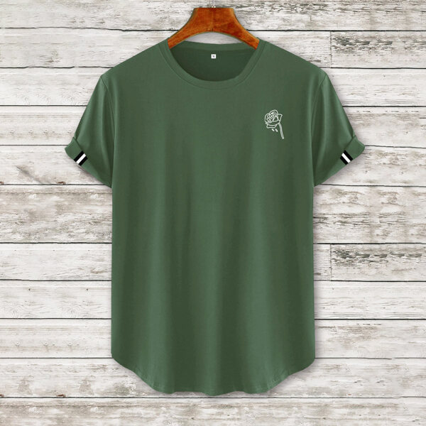 

Men Floral Print Curved Hem Tee, Army green