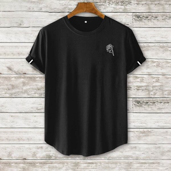 

Men Floral Print Curved Hem Tee, Black