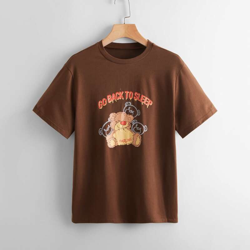 

Slogan Cartoon Bear Graphic Tee, Coffee brown