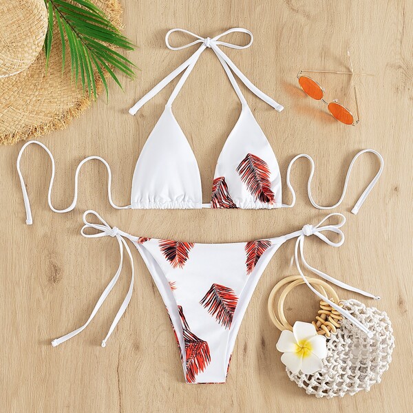 

Leaf Pattern Micro Triangle Thong Bikini Swimsuit, Multicolor