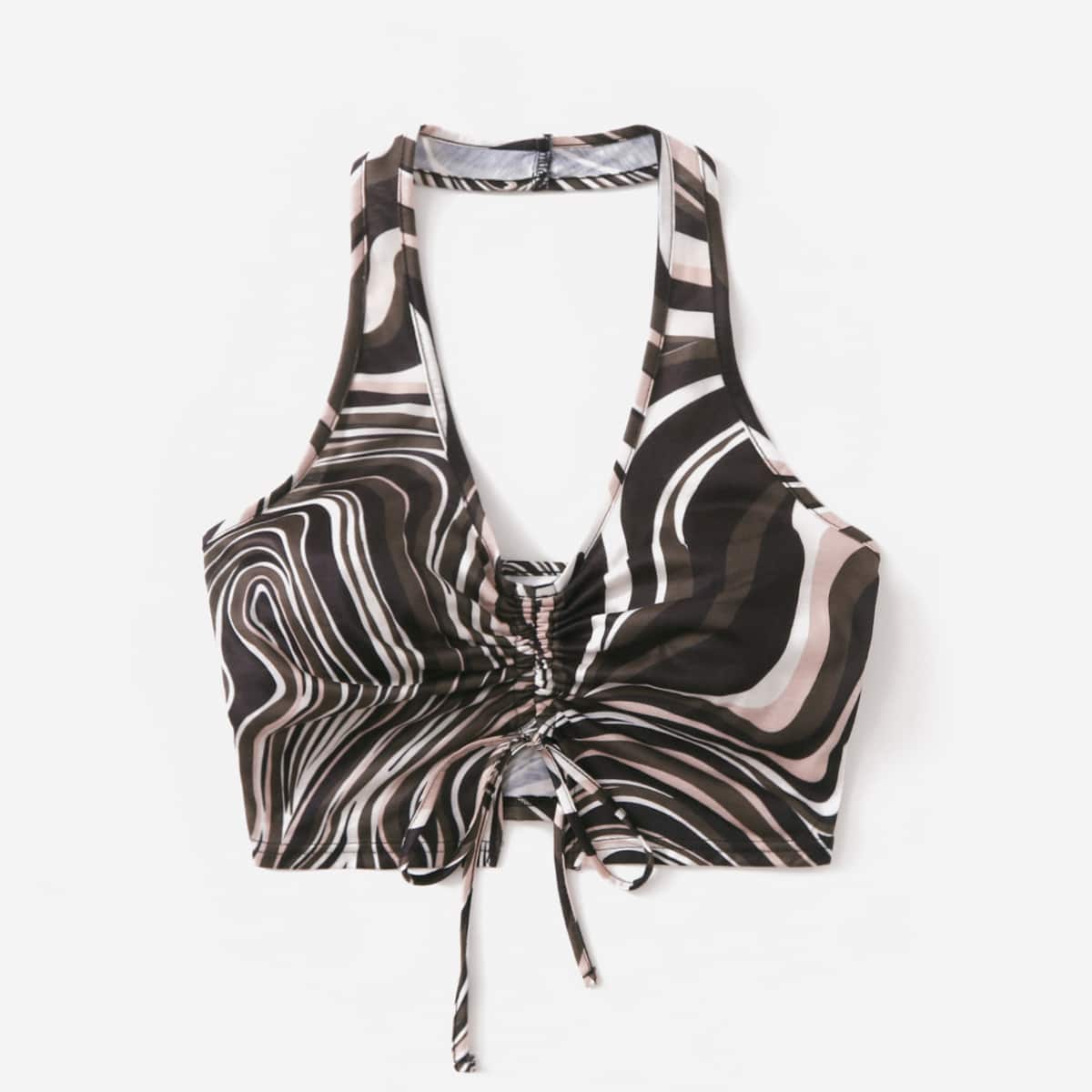 

Asymmetrical Striped Drawstring Ruched Halter Top, Multicolor