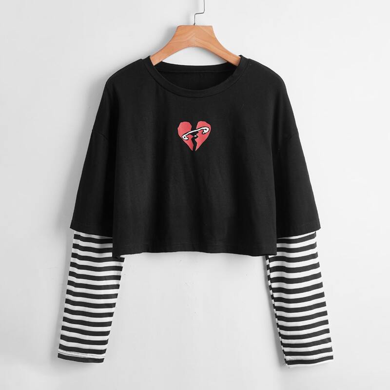 

Striped & Heart Print 2 In 1 Tee, Black