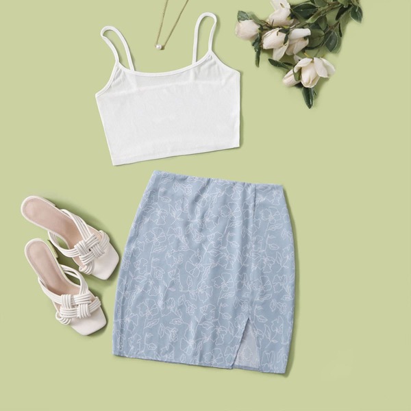 

Crop Cami Top & Floral Split Hem Skirt Set, Blue and white