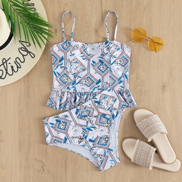 

Geo Print Ruffle Hem Bikini Swimsuit, Multicolor