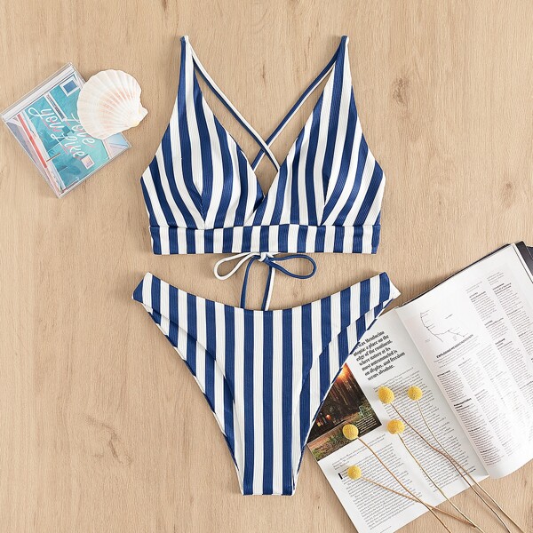 

Striped Criss Cross Back Bikini Swimsuit, Blue and white