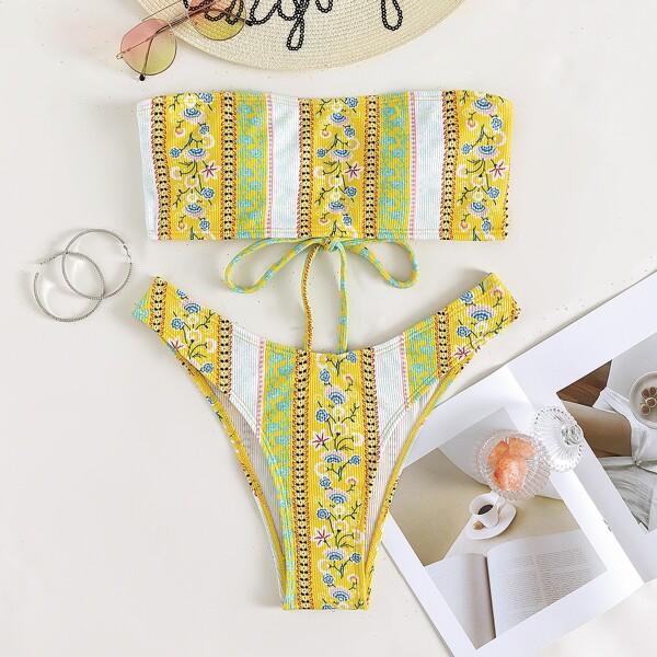 

Floral Random Print Bandeau Bikini Swimsuit, Multicolor