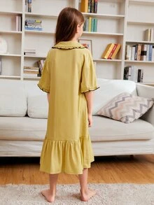 SHEIN Niñas Vestido de dormir con botón delantero fruncido