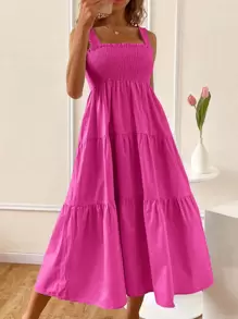 SHEIN VCAY 素色打褶傘擺吊帶連衣裙 - 玫紅色 - 查看 1