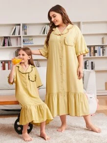 SHEIN Niñas Vestido de dormir con botón delantero fruncido