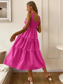 SHEIN VCAY 素色打褶傘擺吊帶連衣裙 - 玫紅色 - 查看 2