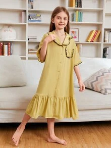 SHEIN Niñas Vestido de dormir con botón delantero fruncido
