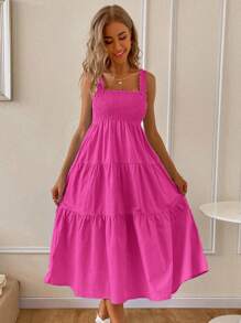 SHEIN VCAY 素色打褶傘擺吊帶連衣裙 - 玫紅色 - 查看 3