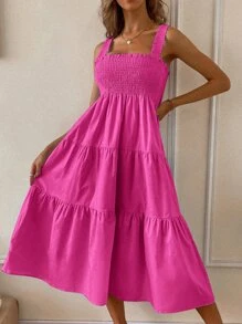 SHEIN VCAY 素色打褶傘擺吊帶連衣裙 - 玫紅色 - 查看 6