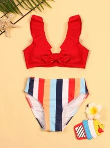 Tween Girl Striped Knot Front Bikini Set Summer Beach - Multicolor - View 1
