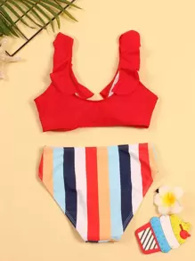 Tween Girl Striped Knot Front Bikini Set Summer Beach - Multicolor - View 2