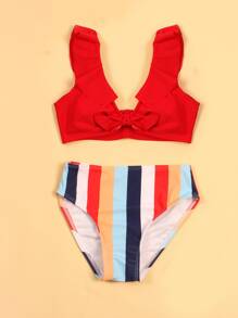 Tween Girl Striped Knot Front Bikini Set Summer Beach - Multicolor - View 4